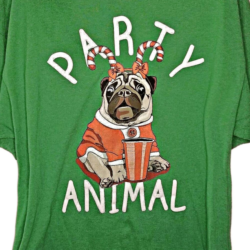 MENS PUG Dog Lovers Party Animal Tee T-Shirt Funny Christmas Holiday Shirt NWT